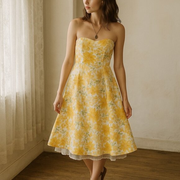 Vintage Yellow Floral Strapless Garden Party Dress M - Picture 1 of 14